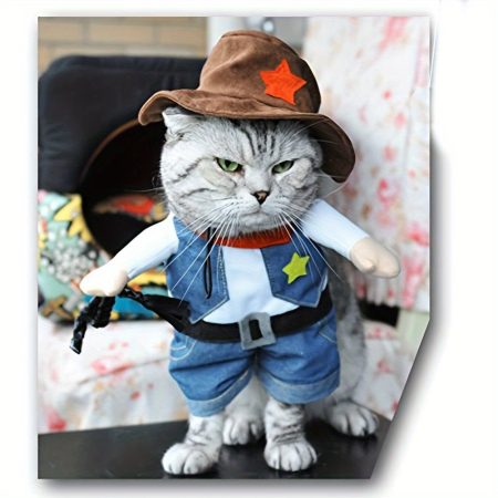 Small to Medium Cute Cowboy Pet Costume for Dogs and Cats - Woven Polyester Pullover with Polyester Fill, Perfect for Christmas and Halloween Dress Up, Cowboy Theme Patterned Outfit with Hat