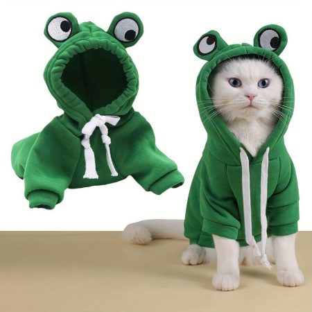 [Frog Cat Hoodie] Cute Adorable Frog-Themed Cat Hoodie | Cozy Knit Pullover Sweatshirt with Big Eyes Design, 95% Polyester & 5% Spandex | All-Season Comfort for Small to Extra-Small Cats & Mini/Toy Breeds