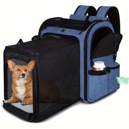 Expandable Pet Carrier Backpack for Small Medium Dogs & Cats up to 15 lbs - Foldable Space-Saving Design with Safety Lock, Zipper & Breathable Mesh - Travel Hiking Camping Backpack for 2-6 Pets (Blue), Pet Carrier Backpack, Secure Zip Closure