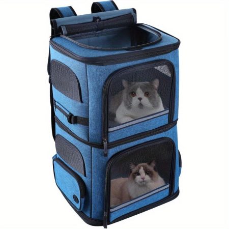 Double Cat Carrier for 2 Cats & Medium Dogs - Durable PVC Pet Backpack Carrier with 2 Compartments, Ventilation Mesh & Ergonomic Handle for Outdoor Travel, Picnic, Strolls - Blue, Dog Backpack Carrier, Sturdy Construction