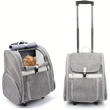 Pet Rolling Carrier & Backpack with Wheels - Convertible Travel Carrier, Front Viewing Window, Side Pockets, Sturdy Handle - for Airplane, Vet, Walks - Lightweight & Spacious Interior - Ideal for Cats, Small to Medium Dogs, Puppies - Grey, Reinforced Stit