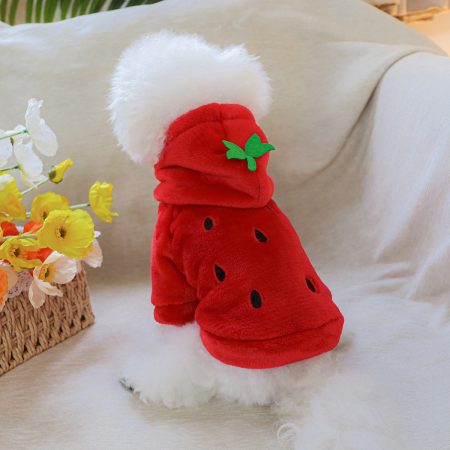 [Small Cute Pet Hoodie] Strawberry Pet Hoodie, Short Flannel Pullover for Small Dogs and Cats, Soft Comfortable Red Polyester Knit Fabric, Cute Animal Costume with Leaf Detail